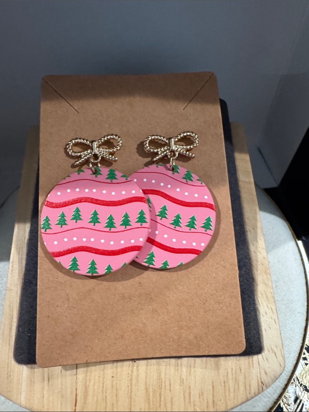 Festive Pink Christmas Tree Drop Earrings with Gold Bow